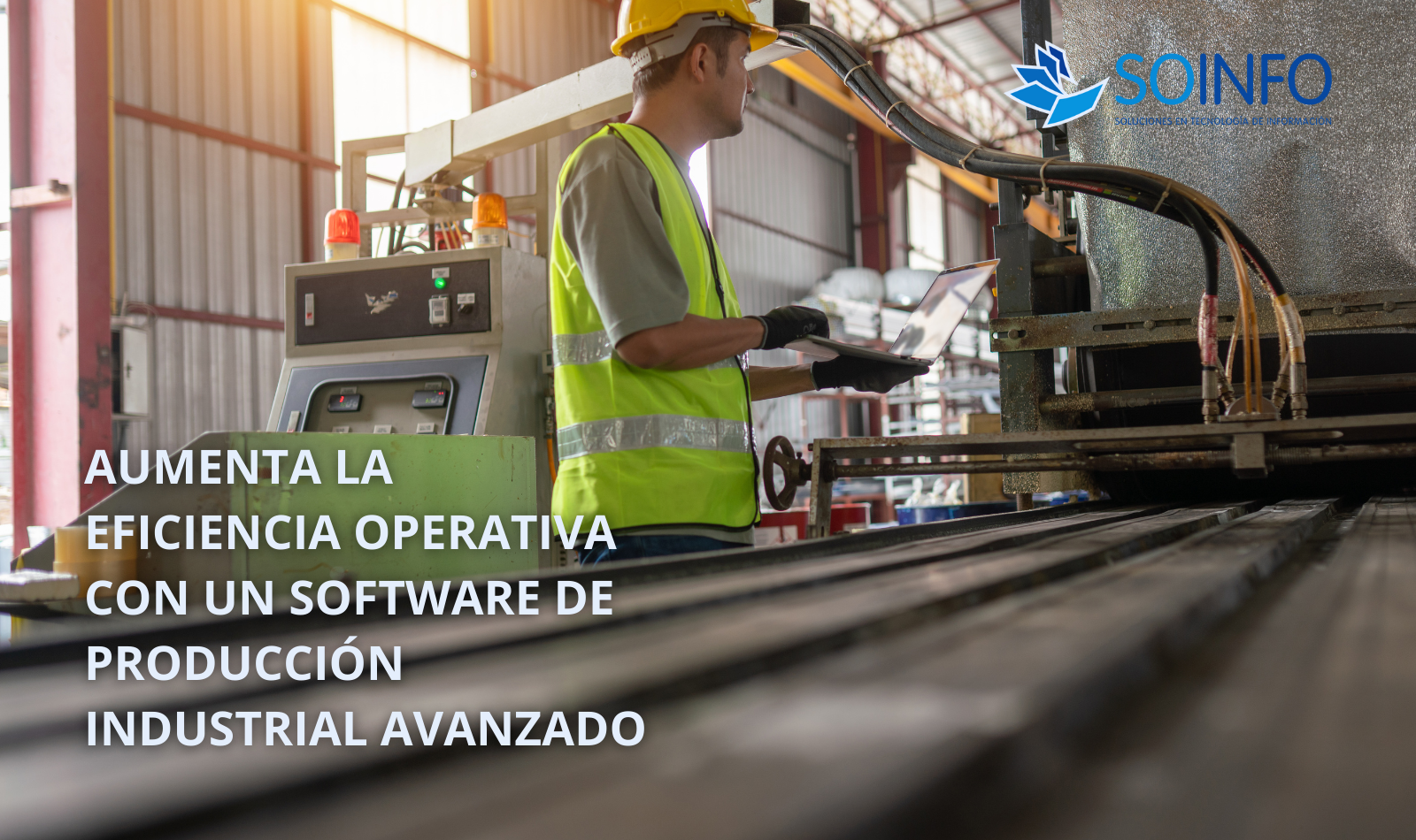Ilustración de procesos industriales automatizados con maquinaria y operarios, representando un Software de Producción Industrial de Soinfo Perú.